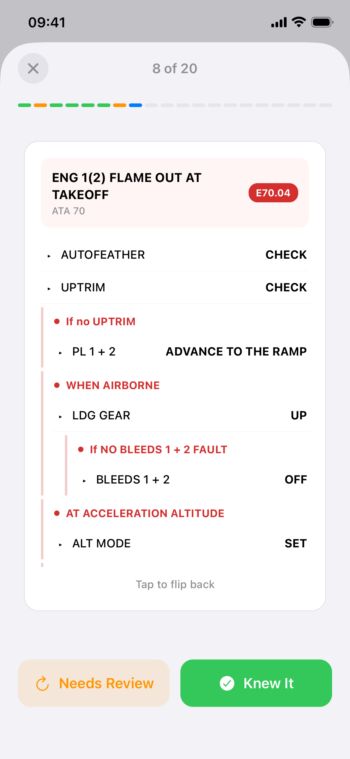 Memory item flashcard showing Engine Flame Out at Takeoff procedure steps