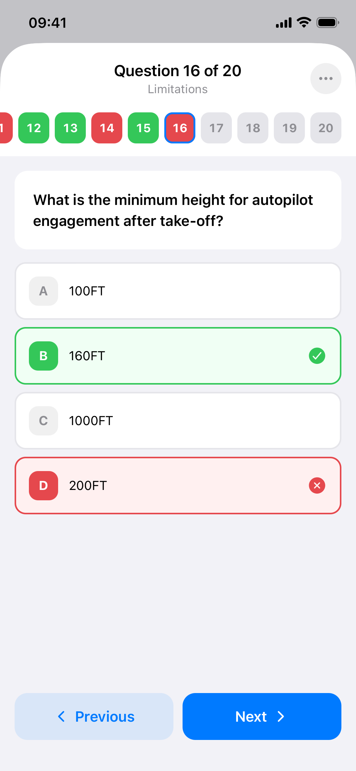 Exam question showing multiple choice with correct and incorrect answers highlighted